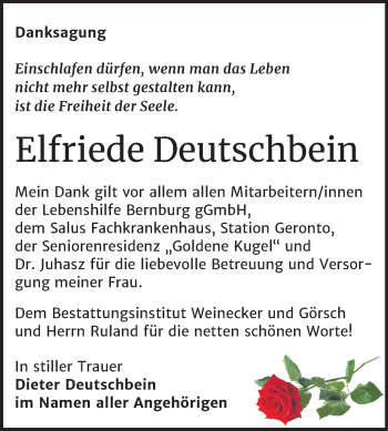 Traueranzeige von Elfriede Deutschbein von Mitteldeutsche Zeitung Bernburg