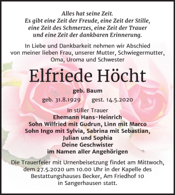Traueranzeige von Elfriede Höcht von Super Sonntag Sangerhausen