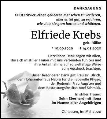Traueranzeige von Elfriede Krebs von Mitteldeutsche Zeitung Merseburg/Querfurt