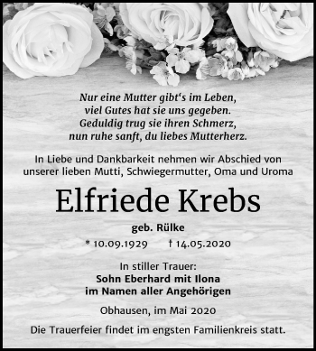 Traueranzeige von Elfriede Krebs von Mitteldeutsche Zeitung Merseburg/Querfurt