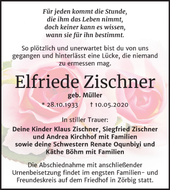 Traueranzeige von Elfriede Zischner von Mitteldeutsche Zeitung Bitterfeld