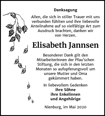 Traueranzeige von Elisabeth Jannsen von Mitteldeutsche Zeitung Bernburg