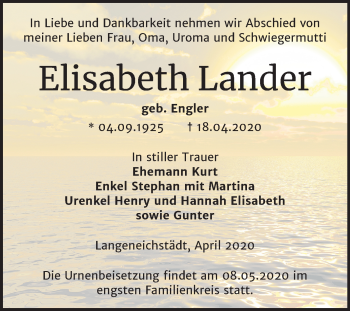 Traueranzeige von Elisabeth Lander von Mitteldeutsche Zeitung Merseburg/Querfurt