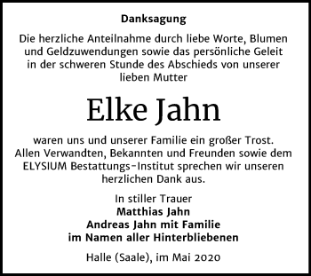 Traueranzeige von Elke Jahn von Mitteldeutsche Zeitung Halle/Saalkreis