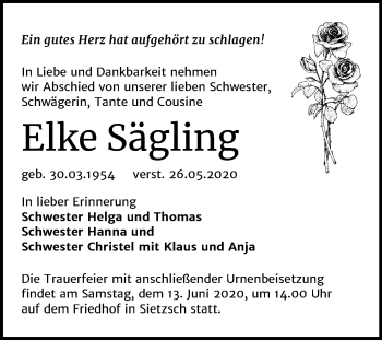 Traueranzeige von Elke Sägling von Mitteldeutsche Zeitung Halle/Saalkreis