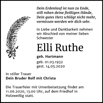 Traueranzeige von Elli Ruthe von Mitteldeutsche Zeitung Bitterfeld