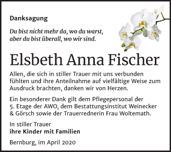 Traueranzeige von Elsbeth Anna Fischer von Super Sonntag Bernburg