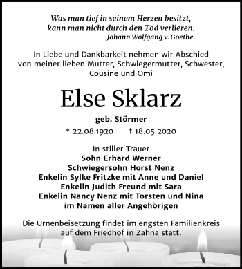 Traueranzeige von Else Sklarz von Super Sonntag Wittenberg