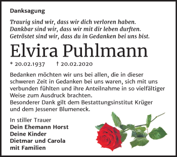 Traueranzeige von Elvira Puhlmann von Super Sonntag Wittenberg
