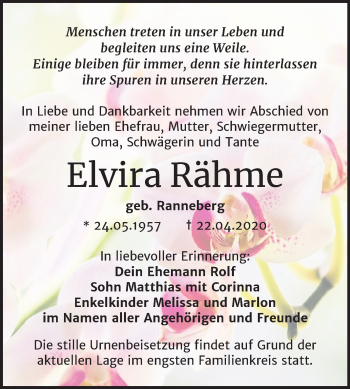 Traueranzeige von Elvira Rähme von Mitteldeutsche Zeitung Merseburg/Querfurt