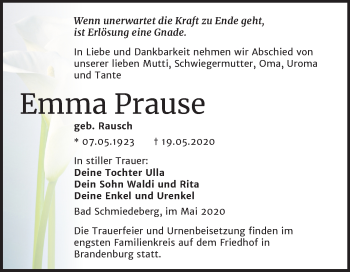 Traueranzeige von Emma Prause von Super Sonntag Wittenberg
