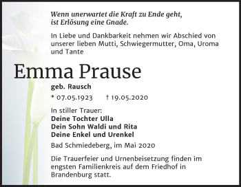 Traueranzeige von Emma Prause von Mitteldeutsche Zeitung Wittenberg