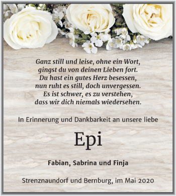 Traueranzeige von Epi  von Mitteldeutsche Zeitung Bernburg