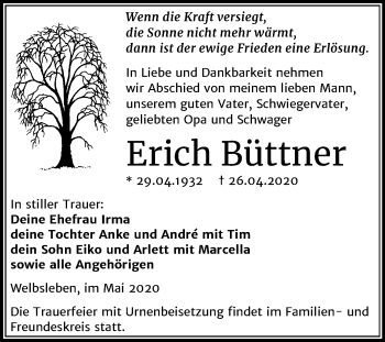 Traueranzeige von Erich Büttner von Mitteldeutsche Zeitung Mansfelder Land / Quedlinburg