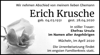 Traueranzeige von Erich Krusche von Mitteldeutsche Zeitung Merseburg/Querfurt