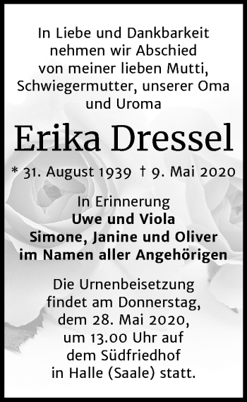 Traueranzeige von Erika Dressel von Mitteldeutsche Zeitung Halle/Saalkreis