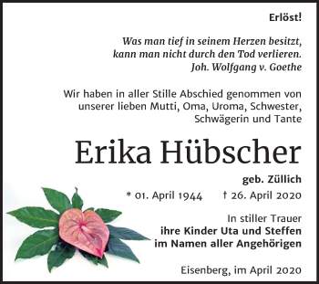 Traueranzeige von Erika Hübscher von Super Sonntag Zeitz