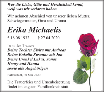 Traueranzeige von Erika Michaelis von Super Sonntag Quedlinburg