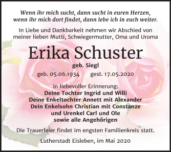 Traueranzeige von Erika Schuster von Mitteldeutsche Zeitung Mansfelder Land