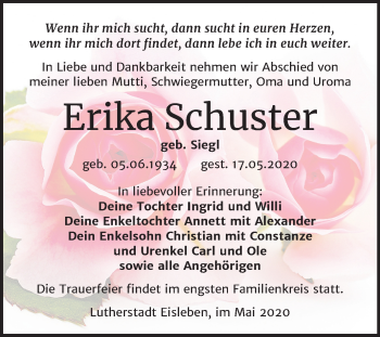 Traueranzeige von Erika Schuster von Super Sonntag Mansfelder Land