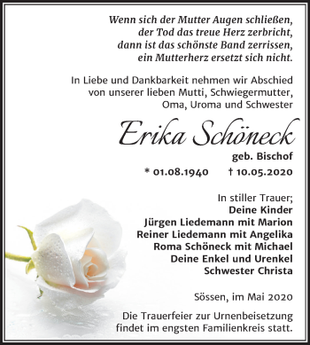 Traueranzeige von Erika Schöneck von Wochenspiegel Weißenfels