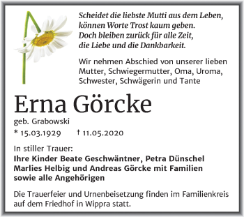 Traueranzeige von Erna Görcke von Super Sonntag Mansfelder Land