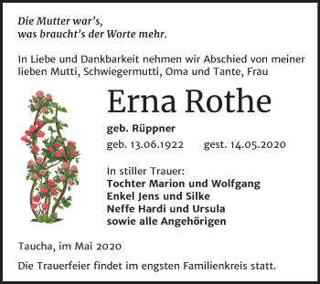 Traueranzeige von Erna Rothe von Mitteldeutsche Zeitung Weißenfels