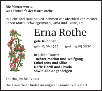 Traueranzeige von Erna Rothe von Super Sonntag Weißenfels