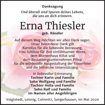 Traueranzeige von Erna Thiesler von Wochenspiegel Sangerhausen