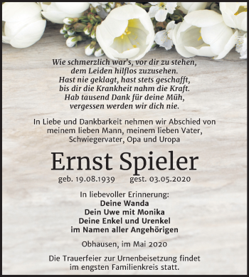 Traueranzeige von Ernst Spieler von Super Sonntag Merseburg/Querfurt