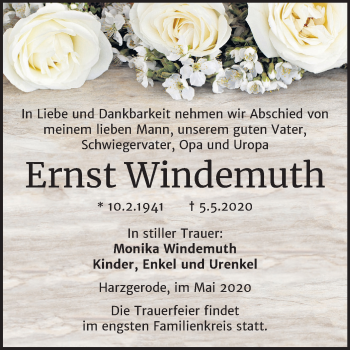 Traueranzeige von Ernst Windemuth von Mitteldeutsche Zeitung Quedlinburg
