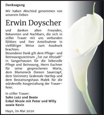 Traueranzeige von Erwin Doyscher von Super Sonntag Sangerhausen