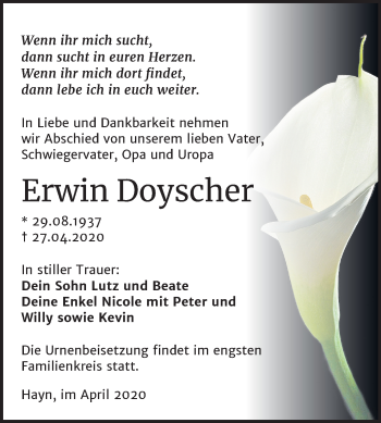 Traueranzeige von Erwin Doyscher von Super Sonntag Sangerhausen