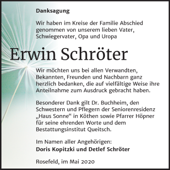 Traueranzeige von Erwin Schröter von Super Sonntag Köthen