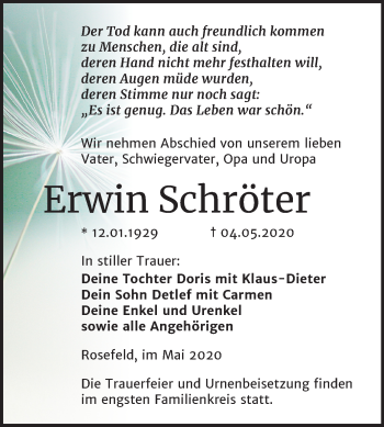Traueranzeige von Erwin Schröter von Super Sonntag Köthen
