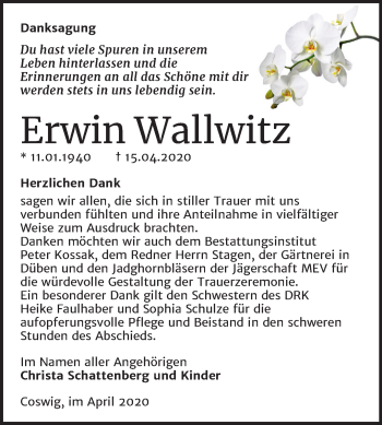 Traueranzeige von Erwin Wallwitz von Mitteldeutsche Zeitung Wittenberg