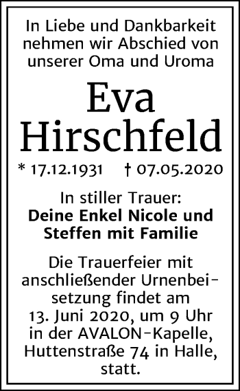 Traueranzeige von Eva Hirschfeld von Mitteldeutsche Zeitung Halle/Saalkreis