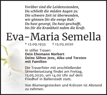 Traueranzeige von Eva-Maria Semella von Super Sonntag Quedlinburg
