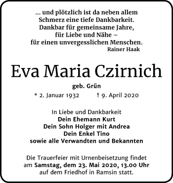 Traueranzeige von Eva Maria Czirnich von Mitteldeutsche Zeitung Bitterfeld