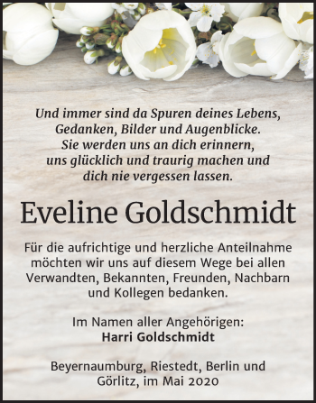 Traueranzeige von Eveline Goldschmidt von Mitteldeutsche Zeitung Sangerhausen