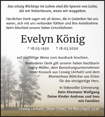 Traueranzeige von Evelyn König von Mitteldeutsche Zeitung Wittenberg