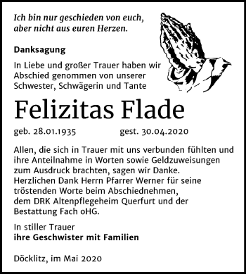 Traueranzeige von Felizitas Flade von Mitteldeutsche Zeitung Merseburg/Querfurt