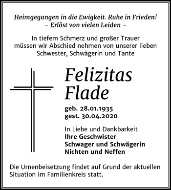 Traueranzeige von Felizitas Flade von Super Sonntag Merseburg/Querfurt