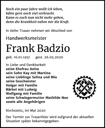 Traueranzeige von Frank Badzio von Super Sonntag Zeitz