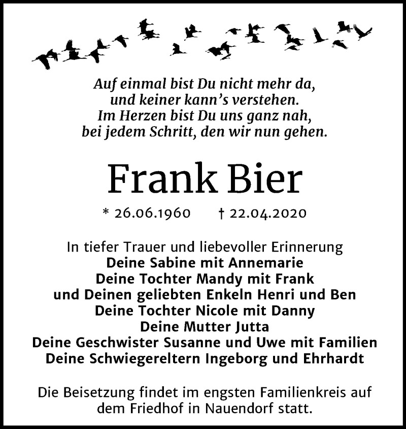  Traueranzeige für Frank Bier vom 02.05.2020 aus Mitteldeutsche Zeitung Halle/Saalkreis