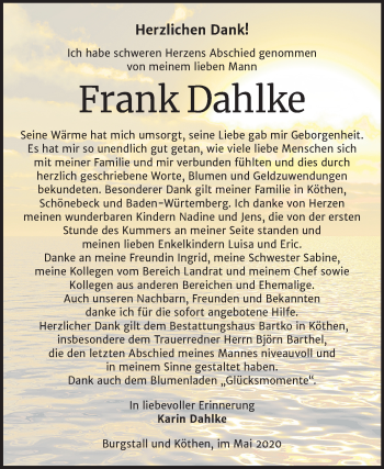Traueranzeige von Frank Dahlke von Mitteldeutsche Zeitung Köthen