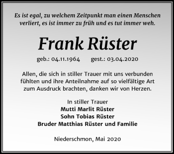 Traueranzeige von Frank Rüster von Super Sonntag Merseburg/Querfurt
