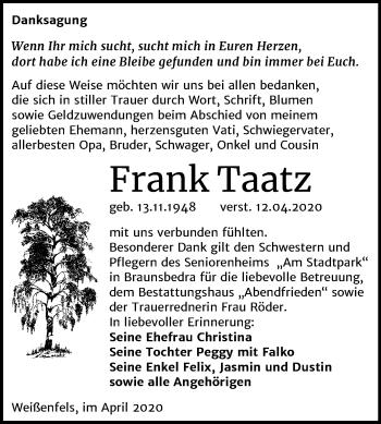 Traueranzeige von Frank Taatz von Mitteldeutsche Zeitung Weißenfels