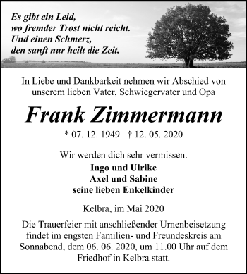 Traueranzeige von Frank Zimmermann von Mitteldeutsche Zeitung Sangerhausen