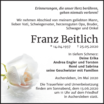 Traueranzeige von Franz Beitlich von Mitteldeutsche Zeitung Aschersleben
